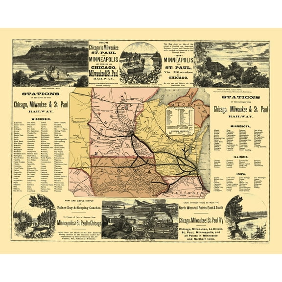 Railroad Map - Chicago Milwaukee St Paul Railway Stations - Rand McNally 1874 - 23 x 28 - Vintage Wall Art