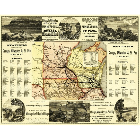 Railroad Map - Chicago Milwaukee and St Paul Railroad - 1874 - 23 x 29 - Vintage Wall Art