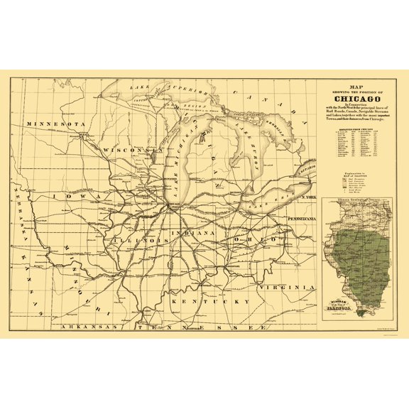 Railroad Map - Chicago Railroads - Mendel 1850 - 23 x 34.91 - Vintage Wall Art