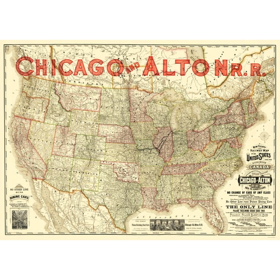 Railroad Map - Chicago and Alton Railroad - Rand McNally 1883 - 23 x 32.10 - Vintage Wall Art