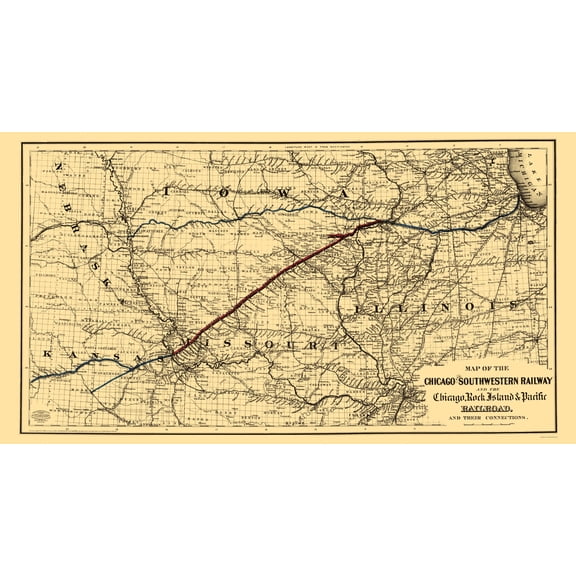 Railroad Map - Chicago and Southwestern Railway - Colton 1869 - 23 x 42.37 - Vintage Wall Art