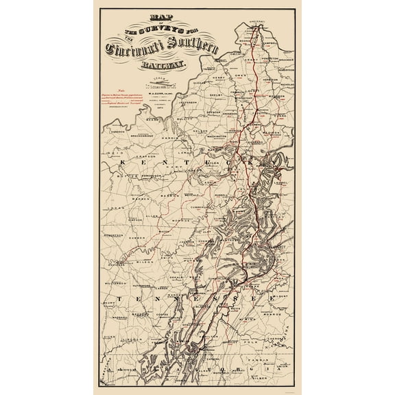 Railroad Map - Cincinnati Southern Railway - Strobridge 1873 - Vintage Wall Art