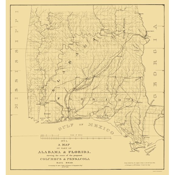 Railroad Map - Columbus and Pensacola Railroad - Colton 1836 - 23 x 24 - Vintage Wall Art