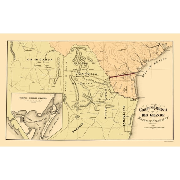 Railroad Map - Corpus Christi and Rio Grande Railway 1874 - 23 x 36.53 - Vintage Wall Art