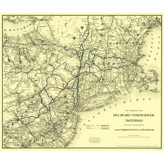 Railroad Map - Delaware and North River Railroad - Colton 1890 - Vintage Wall Art
