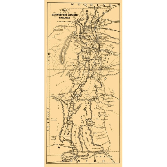 Railroad Map - Denver and Rio Grande Railway - Mota 1873 - Vintage Wall Art