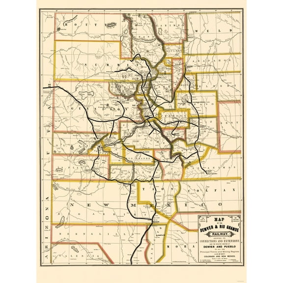 Railroad Map - Denver and Rio Grande Railway - Rand McNally 1872 - 23 x 30 - Vintage Wall Art