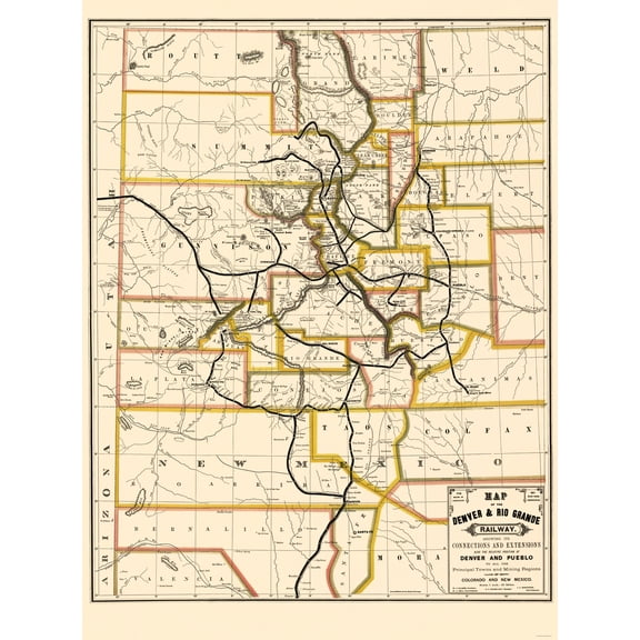 Railroad Map - Denver and Rio Grande Railway - Rand McNally 1872 - Vintage Wall Art