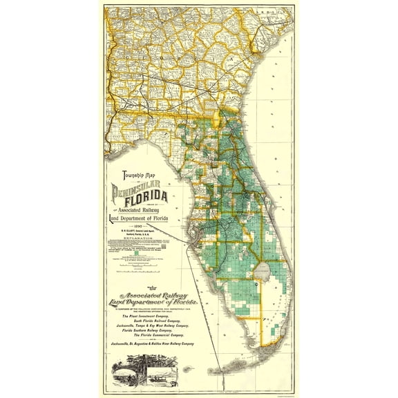 Railroad Map - Florida - 1890 - 23 x 45.56 - Vintage Wall Art
