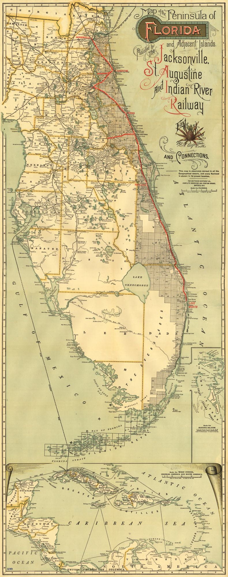 Railroad Map Florida Railway Connections Northrup 1893 23 x 58.16