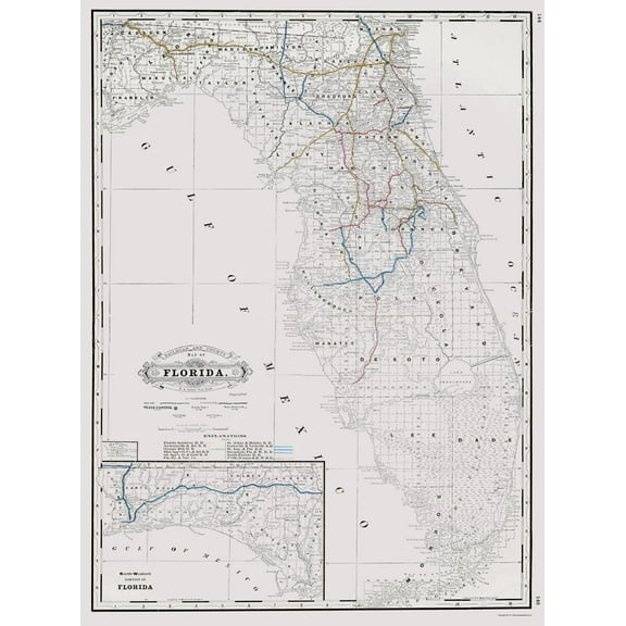 Railroad Map - Florida State Railway Counties - Grant 1889 - 23 x 30.98 - Vintage Wall Art