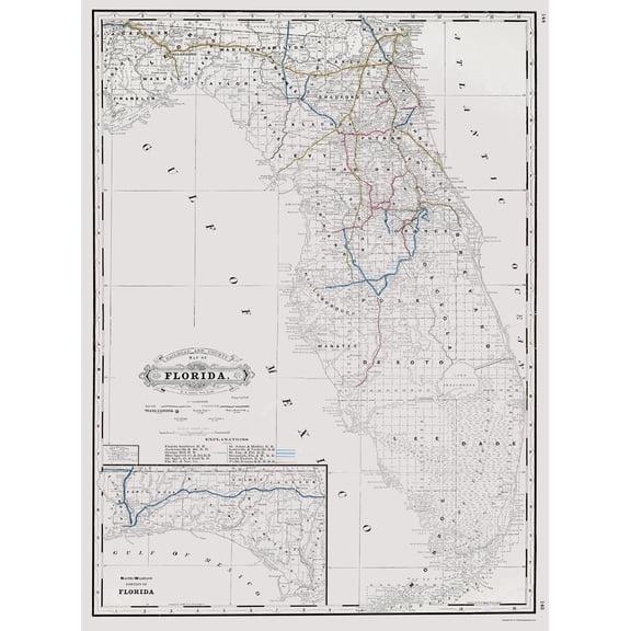 Railroad Map - Florida State Railway Counties - Grant 1889 - Vintage Wall Art