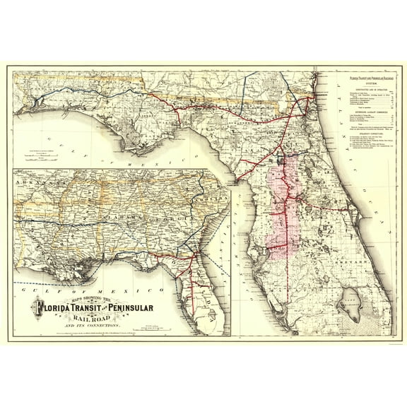 Railroad Map - Florida Transit and Peninsula Railroad 1882  - Vintage Wall Art