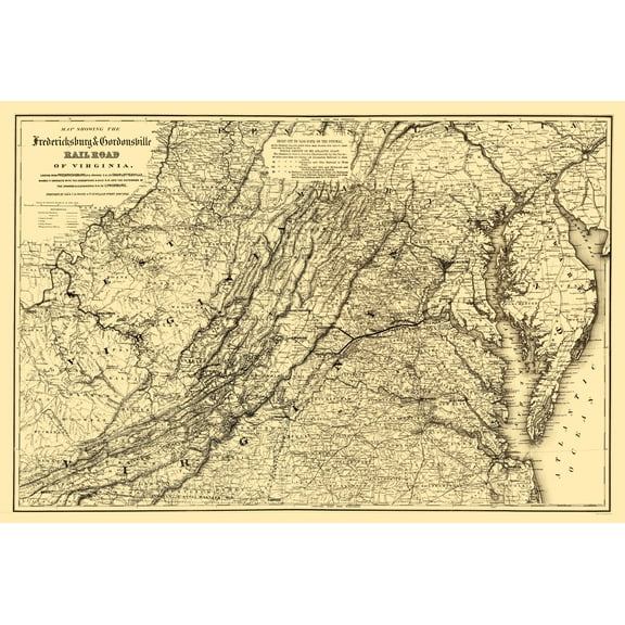 Railroad Map - Fredericksburg and Gordonsville Virginia 1869 - 23 x 34 - Vintage Wall Art