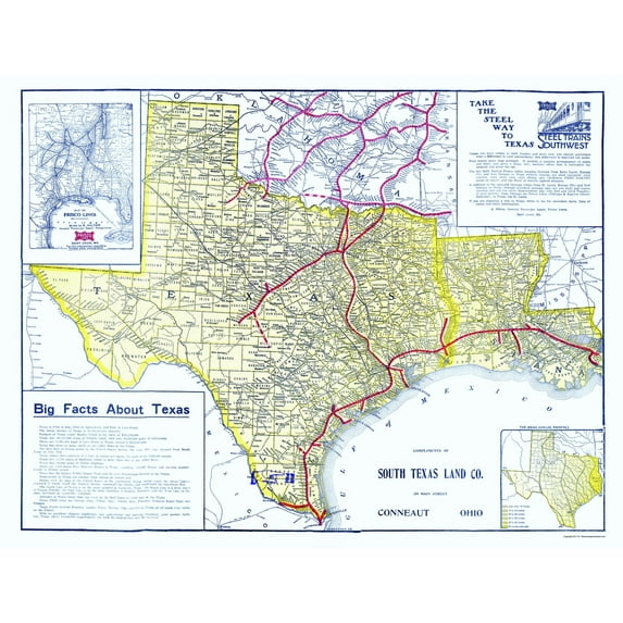Railroad Map - Frisco Lines - South Texas Land 1911 - 23 x 30.10 - Vintage Wall Art