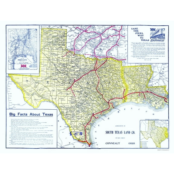 Railroad Map - Frisco Lines - South Texas Land 1911 - 23 x 30.10 - Vintage Wall Art
