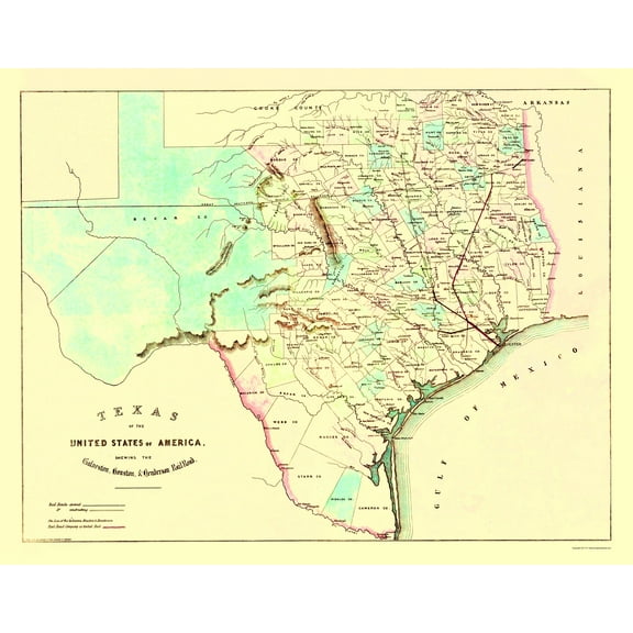 Railroad Map - Galveston Houston Henderson Railroad 1872 - 23 x 29 - Vintage Wall Art