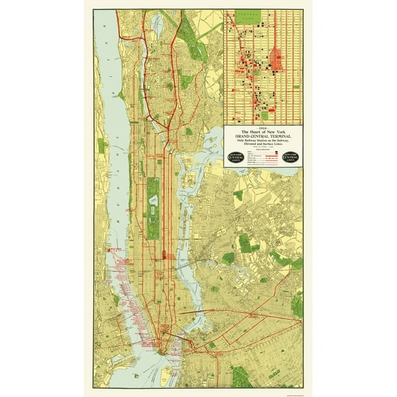 Railroad Map - Grand Central Terminal - 1918 - Vintage Wall Art