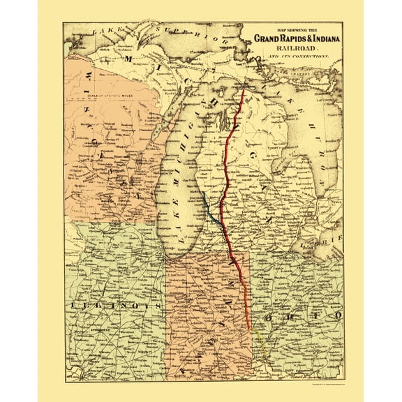Railroad Map - Grand Rapids and Indiana Railroad - Colton 1871 - Vintage Wall Art