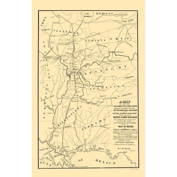 Railroad Map - Gulf of Mexico Northern Lakes Proposed Rail Lines - McBean 1850