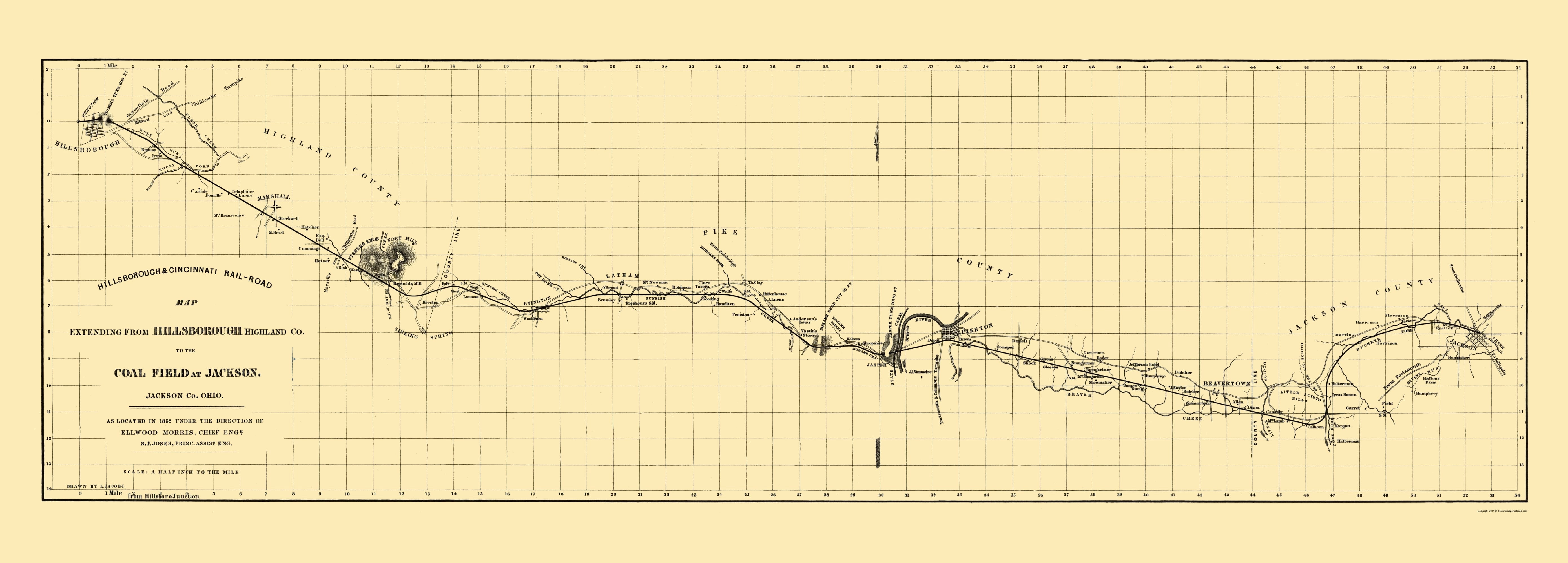 Railroad Map Hillsborough And Cincinnati Railroad Jacobil 1852 23 Railroad map hillsborough and cincinnati railroad jacobil 1852 23