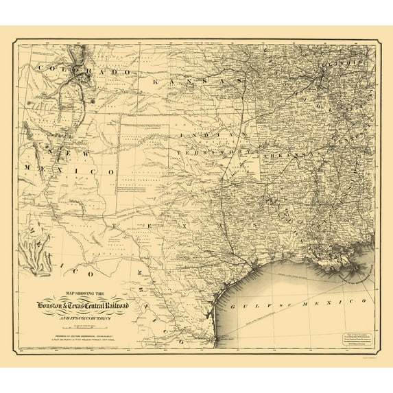 Railroad Map - Houston and Texas Central Railroad - Colton 1867 - Vintage Wall Art