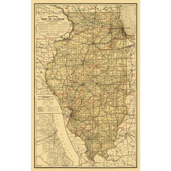 Railroad Map - Illinois Railroad - Rand McNally 1898 - Vintage Wall Art