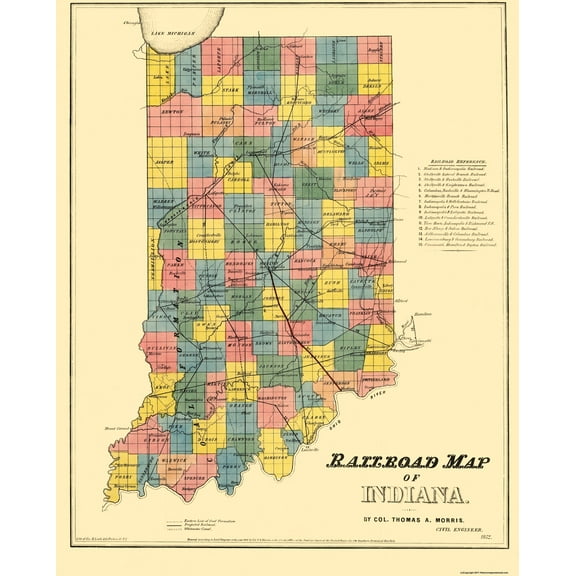 Railroad Map - Indiana Railroads - Morris 1852 - 23 x 28.56 - Vintage Wall Art