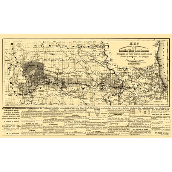 Railroad Map - Iowa Railroad Land Company - Colton 1871 - 23 x 37.95 - Vintage Wall Art