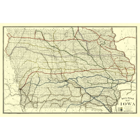 Railroad Map - Iowa Railroad - Western Litho 1881 - 34.32 x 23 - Vintage Wall Art