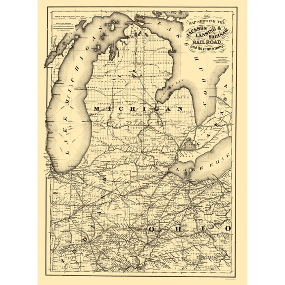 Railroad Map - Jackson Lansing and Saginaw Railroad - Colton 1867 - 23 x 31 - Vintage Wall Art