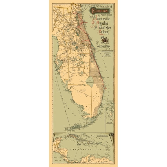 Railroad Map - Jacksonville St Augustine Indian River - Matthews 1893 - 23 x 55 - Vintage Wall Art