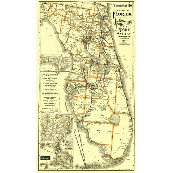 Railroad Map - Jacksonville Tampa Key West - Matthews 1891 - Vintage Wall Art