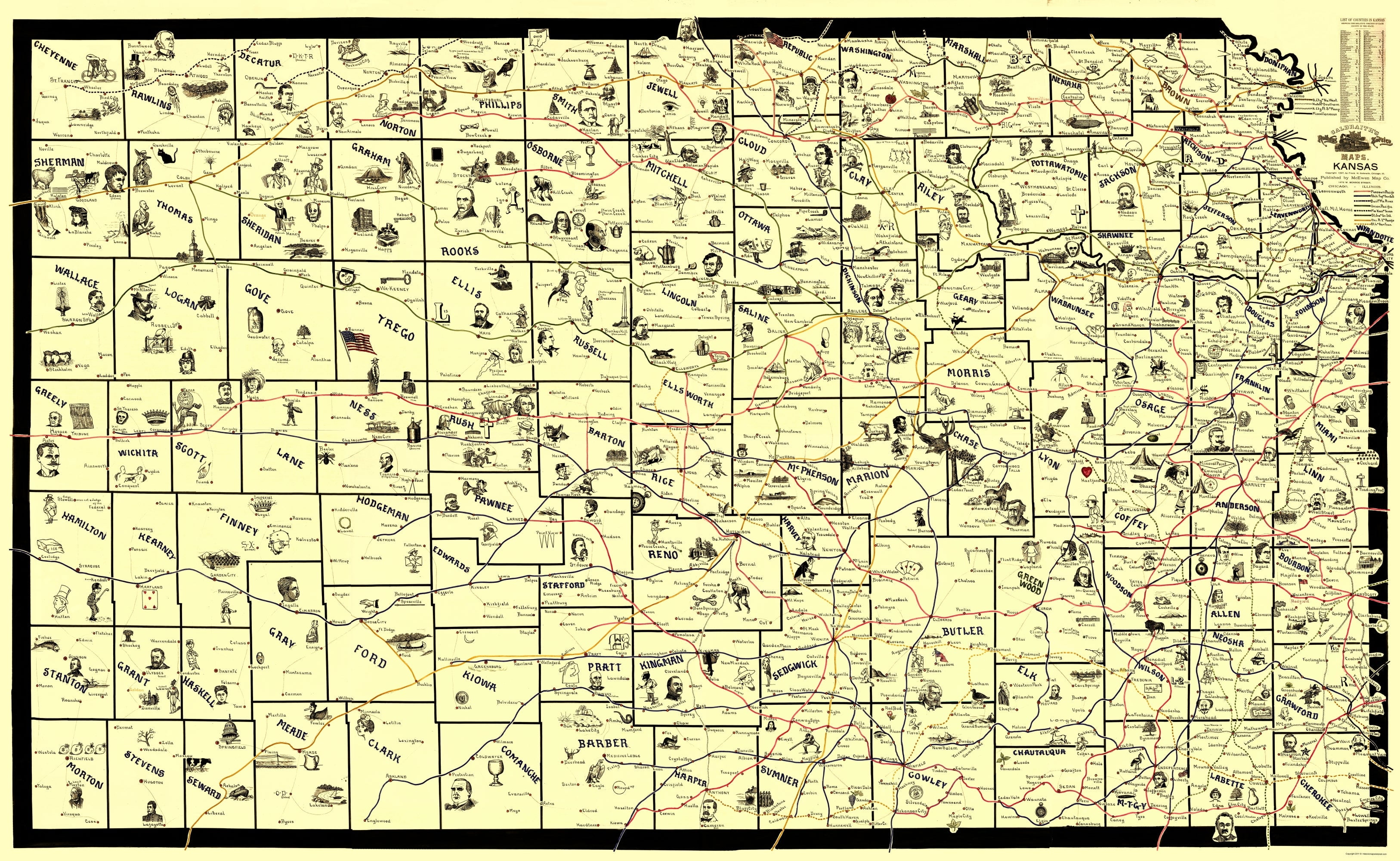 Railroad Map - Kansas Railroad Routes - McEwen 1897 - Vintage Wall Art ...