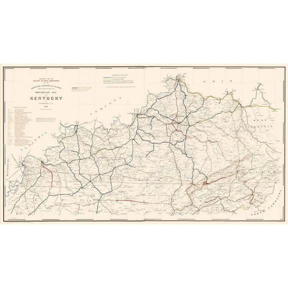 Railroad Map - Kentucky Railroads- Hoeing 1891 - 41.20 x 23 - Vintage Wall Art