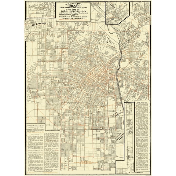 Railroad Map - Los Angeles Street Railway Guide - 1908 - 23 x 31.75 - Vintage Wall Art