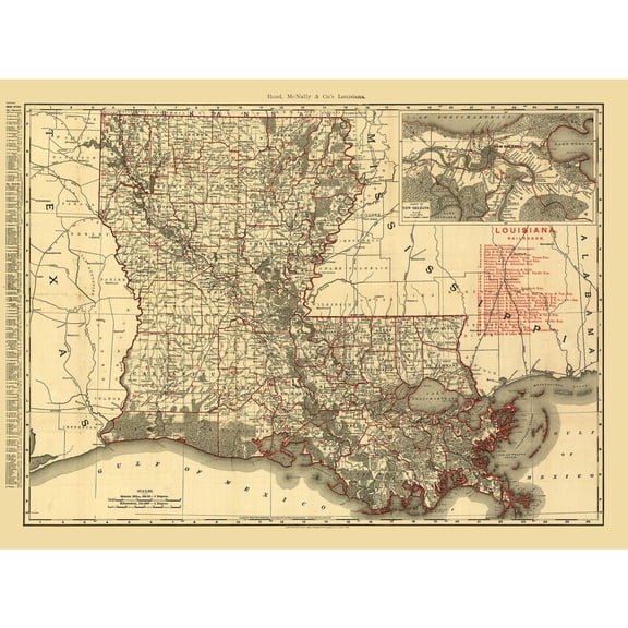 Railroad Map - Louisiana Railroads - Rand McNally 1896 - 30.74 x 23 - Vintage Wall Art