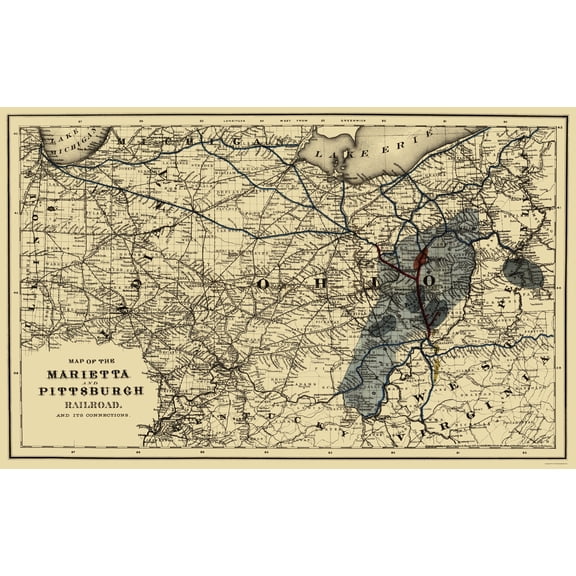 Railroad Map - Marietta and Pittsburgh Railroad - Colton 1871 - 23 x 36.56 - Vintage Wall Art