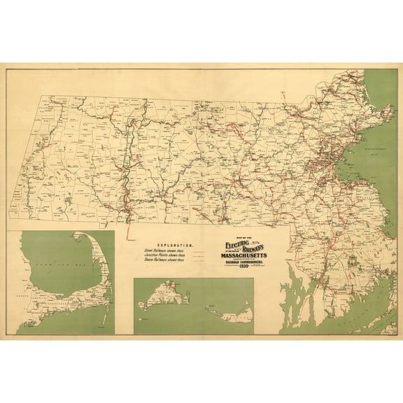 Railroad Map - Massachusetts Railroads - Walker 1899 - 33.39 x 23 - Vintage Wall Art