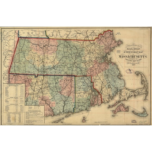 Railroad Map - Massachusetts Railroads - Williams 1879 - 35.38 x 23 - Vintage Wall Art
