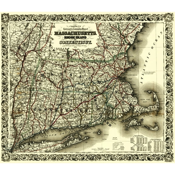 Railroad Map - Massachusetts Rhode Island Connecticut - Colton 1853 - 23x26 - Vintage Wall Art