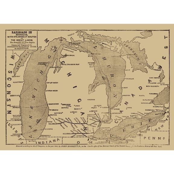 Railroad Map - Michigan Railroads - Doggett 1848 - 31.66 x 23 - Vintage Wall Art