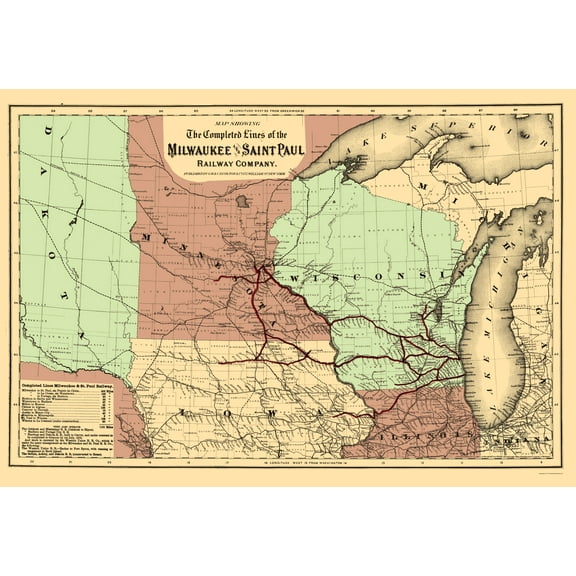 Railroad Map - Milwaukee and Saint Paul Railway - Colton 1872 - 23 x 33.23 - Vintage Wall Art
