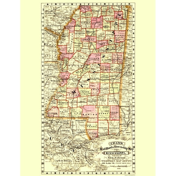 Railroad Map - Mississippi Railroad - Cram 1878 - 23 x 29.86 - Vintage Wall Art