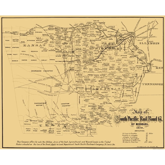 Railroad Map - Missouri Southern Pacific Railroad Co - Gast 1870 - 23 x 28 - Vintage Wall Art