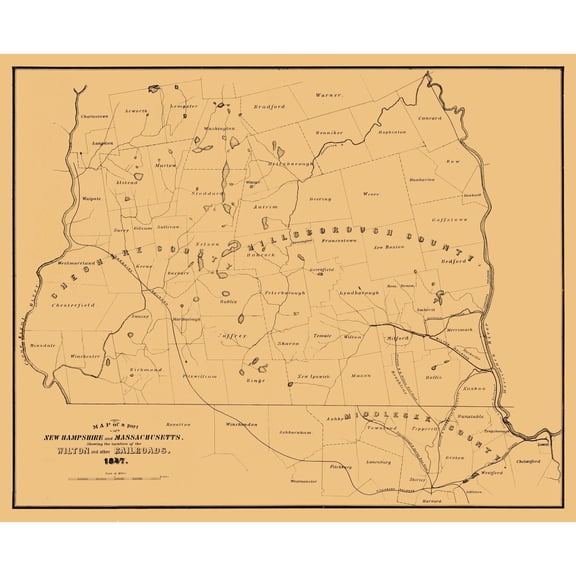 Railroad Map - New Hampshire Massachusetts - 1847 - 28.30 x 23 - Vintage Wall Art
