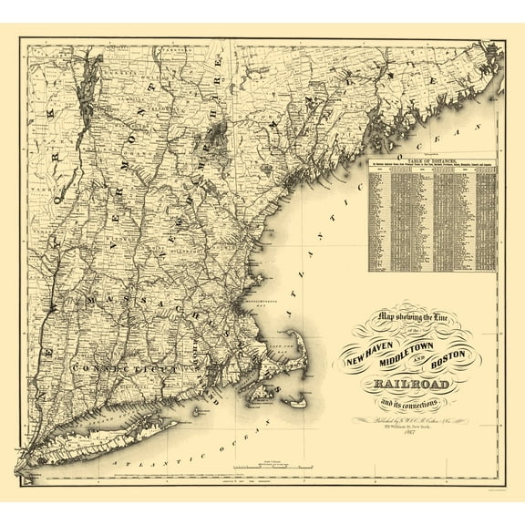 Railroad Map - New Haven Middletown and Boston Railroad - Colton 1867 - 23 x 25 - Vintage Wall Art