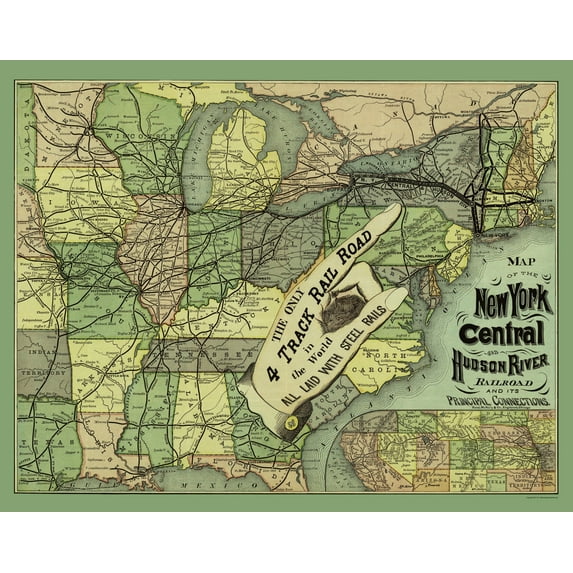 Railroad Map - New York Central and Hudson River Railroad - Rand McNally 1876 - 23 x 29 - Vintage Wall Art