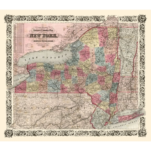 Railroad Map - New York Railroads- Colton 1852 - 26.38 x 23 - Vintage Wall Art
