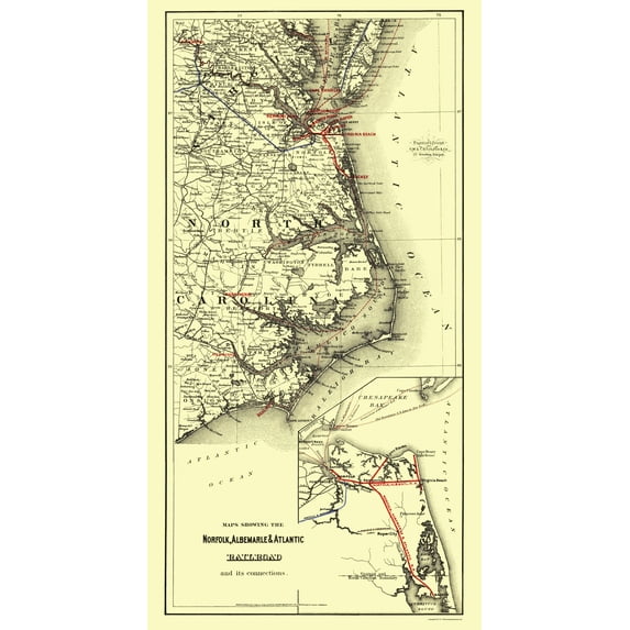 Railroad Map - Norfolk Albemarle Atlantic Railroad Connections - Colton 1891 - 23x43 - Vintage Wall Art